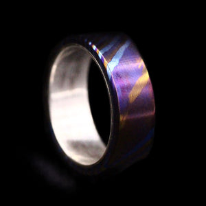 Titanium Damascus / Pattern Welded Ring with Sterling Silver Insert