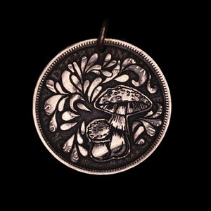 Amanita Mushrooms Engraved Coin Pendant