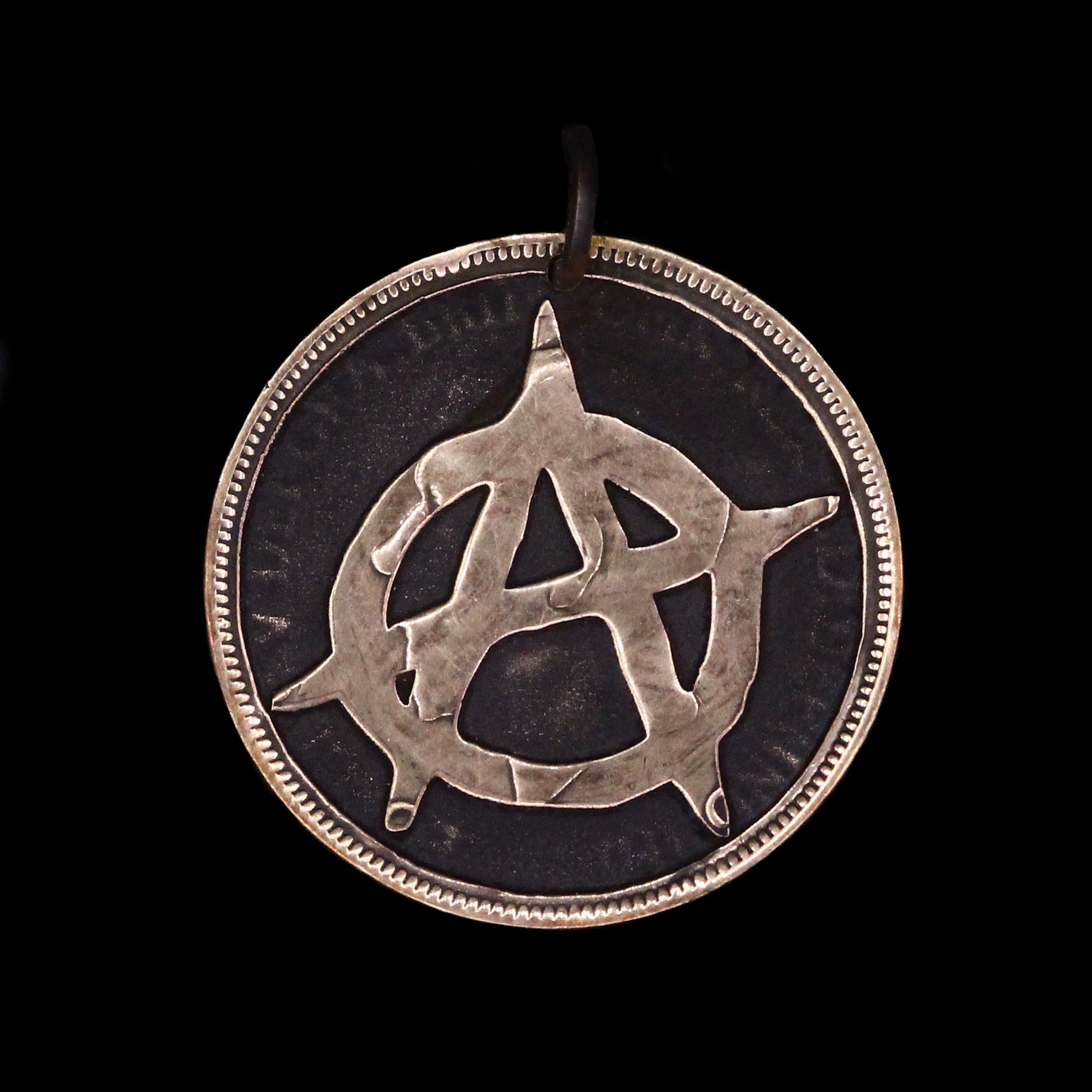 Copper Penny coin pendant engraved with anarchy symbol