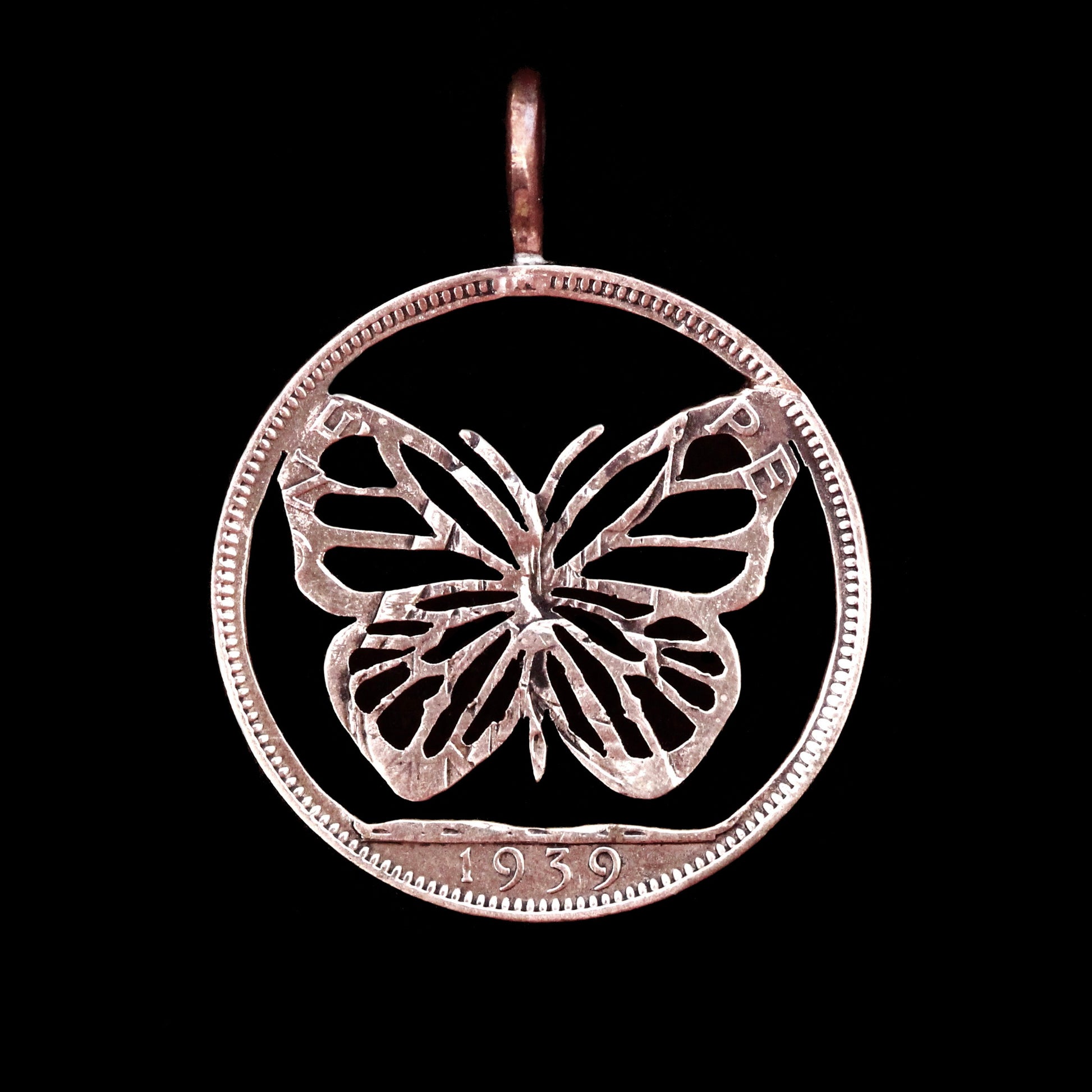 Hand cut 1939 penny coin pendant with butterfly design, made by Thornhill Jewellery