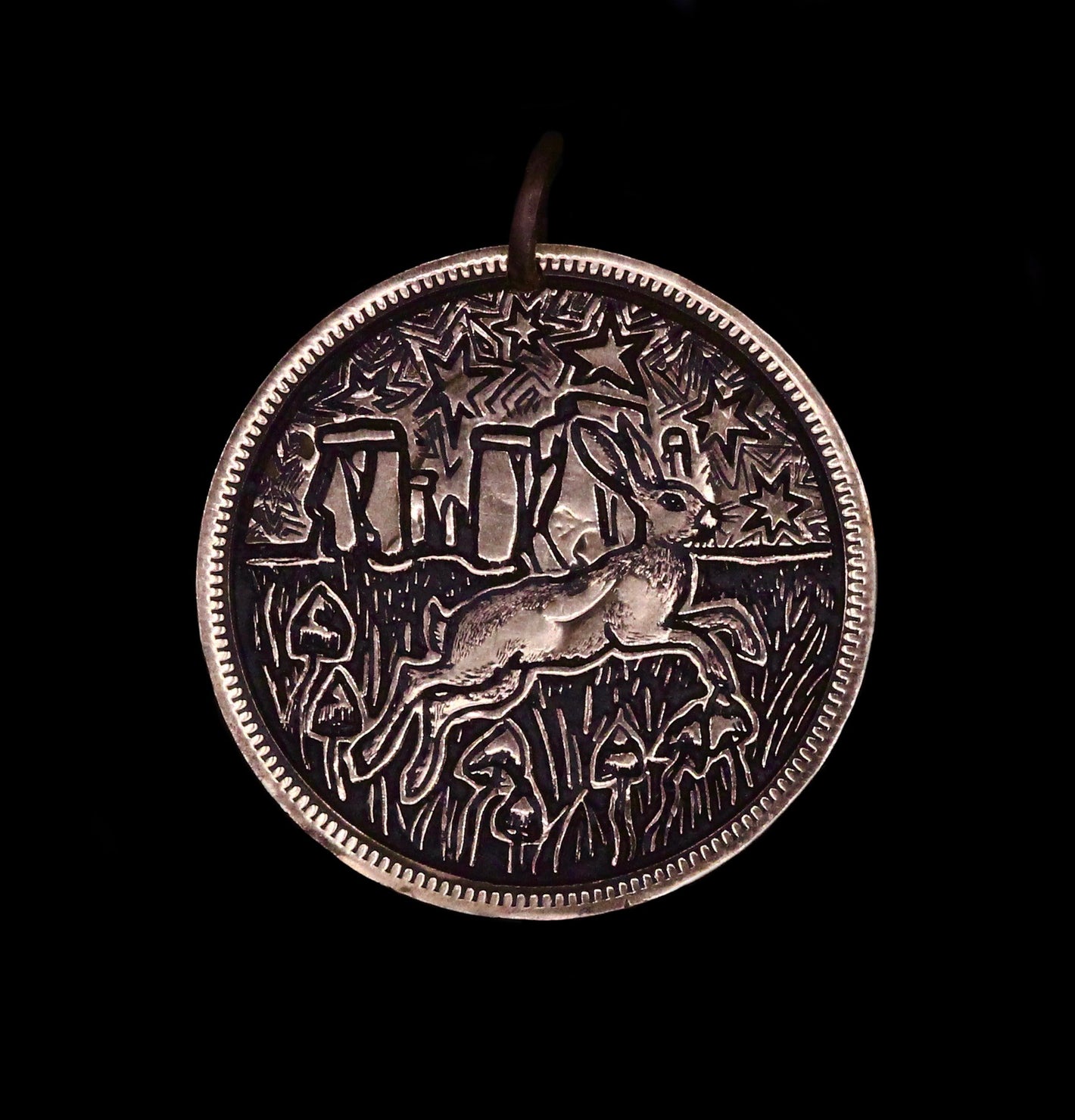 Stonehenge and the Hare Engraved Coin Pendant