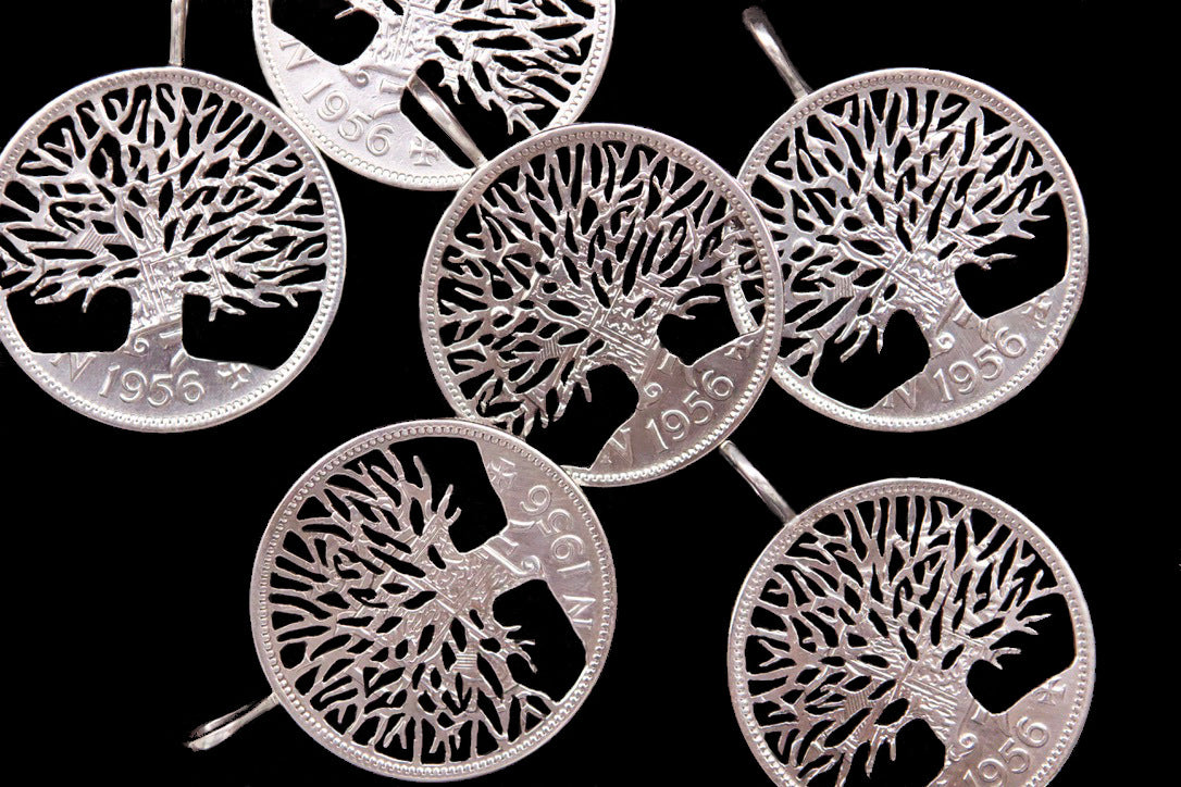 Hand cut tree of life half crown coin pendants, modern interpretation of trench art
