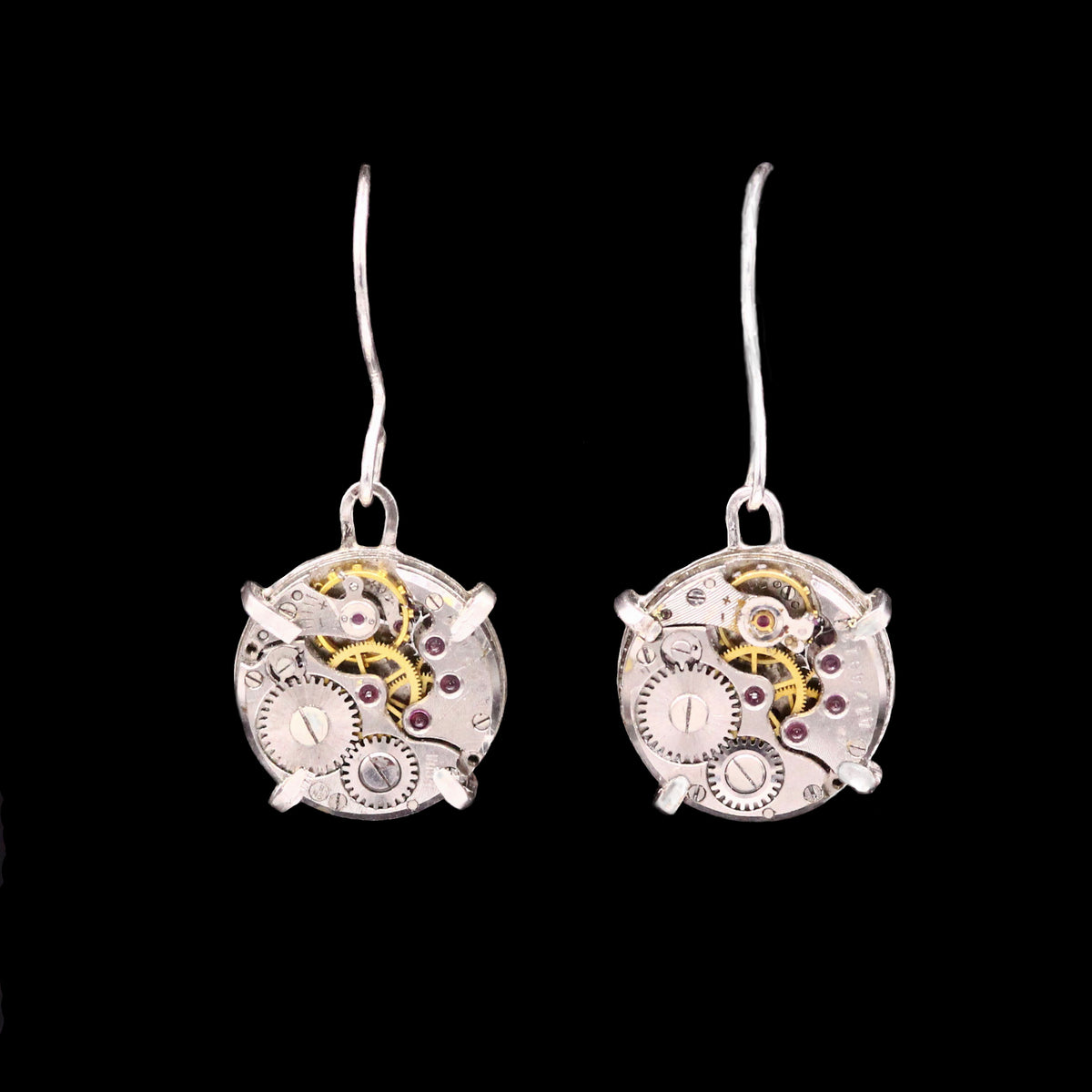 Steampunk drop earrings made from vintage watch movements set in sterling silver