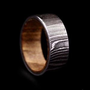 Damascus Steel Ring with Oak Insert