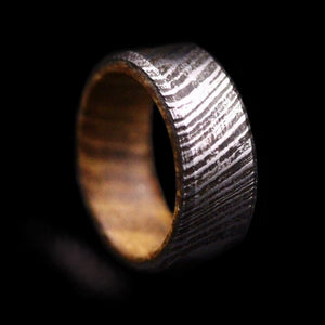 Damascus Steel Ring with Oak Insert