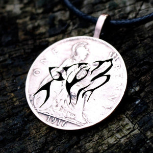 Howling Wolf - 1916 copper penny Coin Pendant displayed on a dark background.