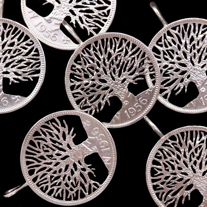 Hand cut tree of life half crown coin pendants, modern interpretation of trench art